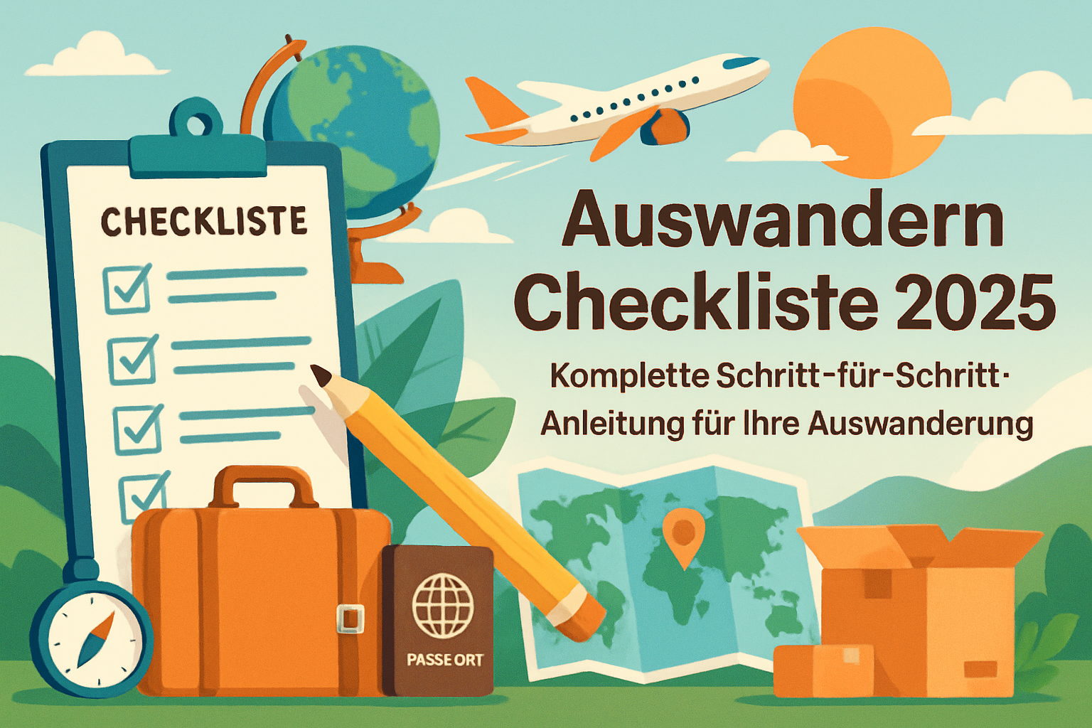 Checkliste mit Stift und Reisepass auf einem Schreibtisch für die Auswanderungsplanung
