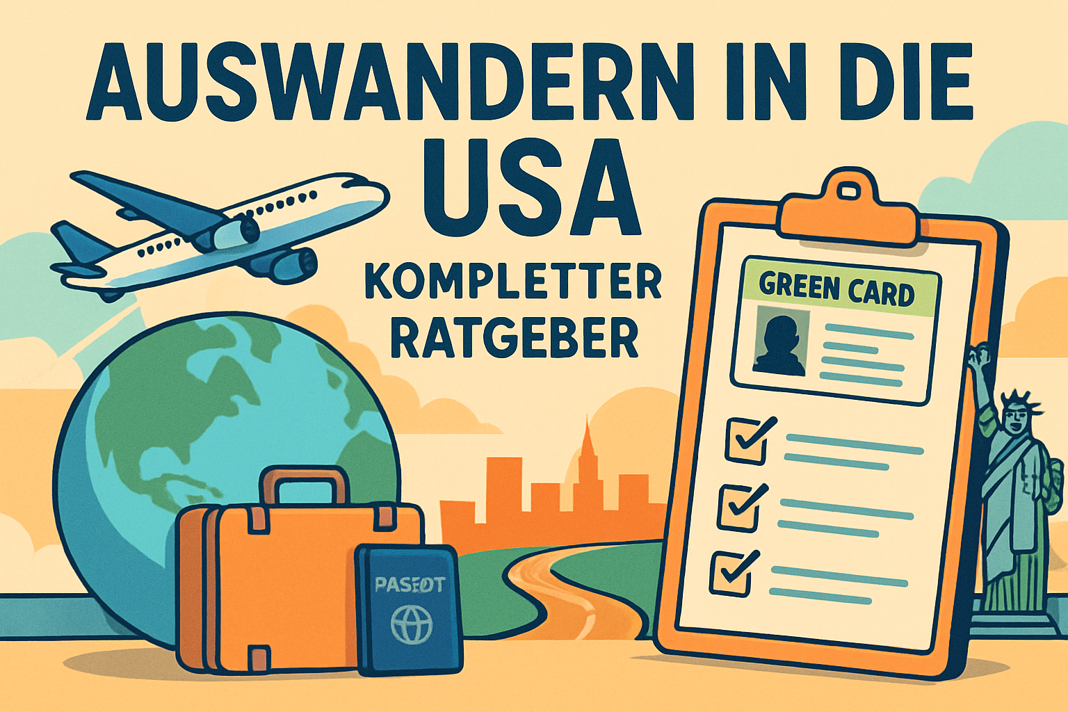 Amerikanische Flagge vor der Skyline von New York City als Symbol für Auswanderung in die USA