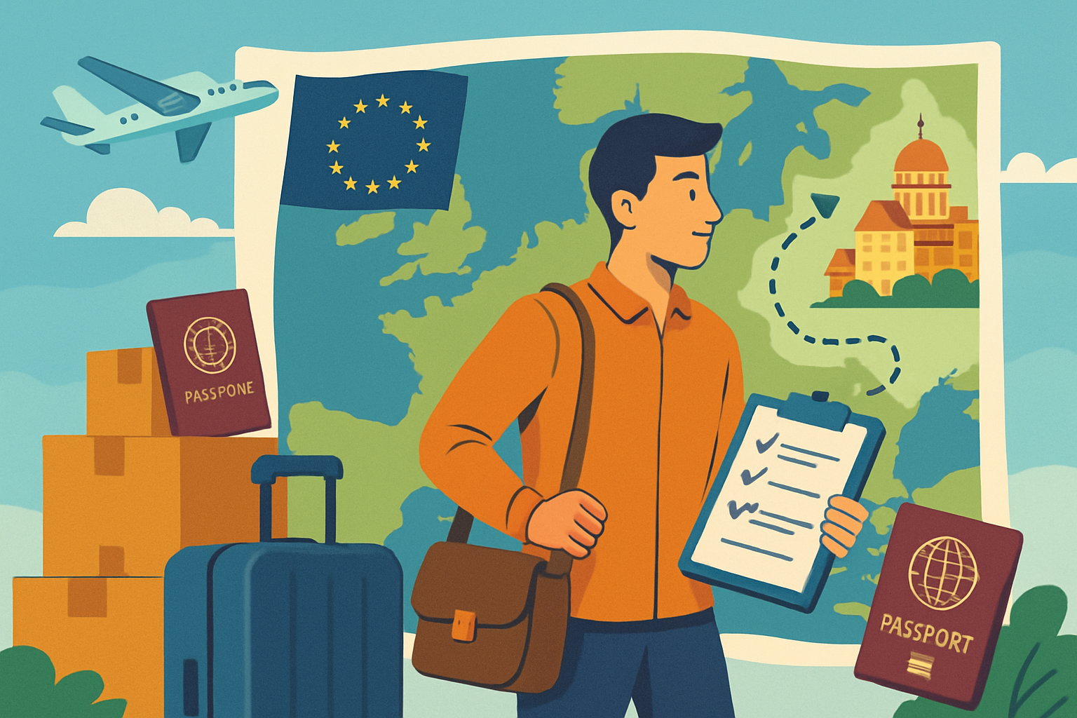 Europakarte mit EU-Sternen und Reisepass symbolisiert Freizügigkeit innerhalb der EU