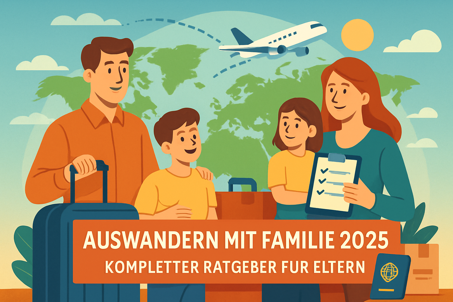 Glückliche Familie mit Koffern am Flughafen bereit für Auswanderung ins Ausland
