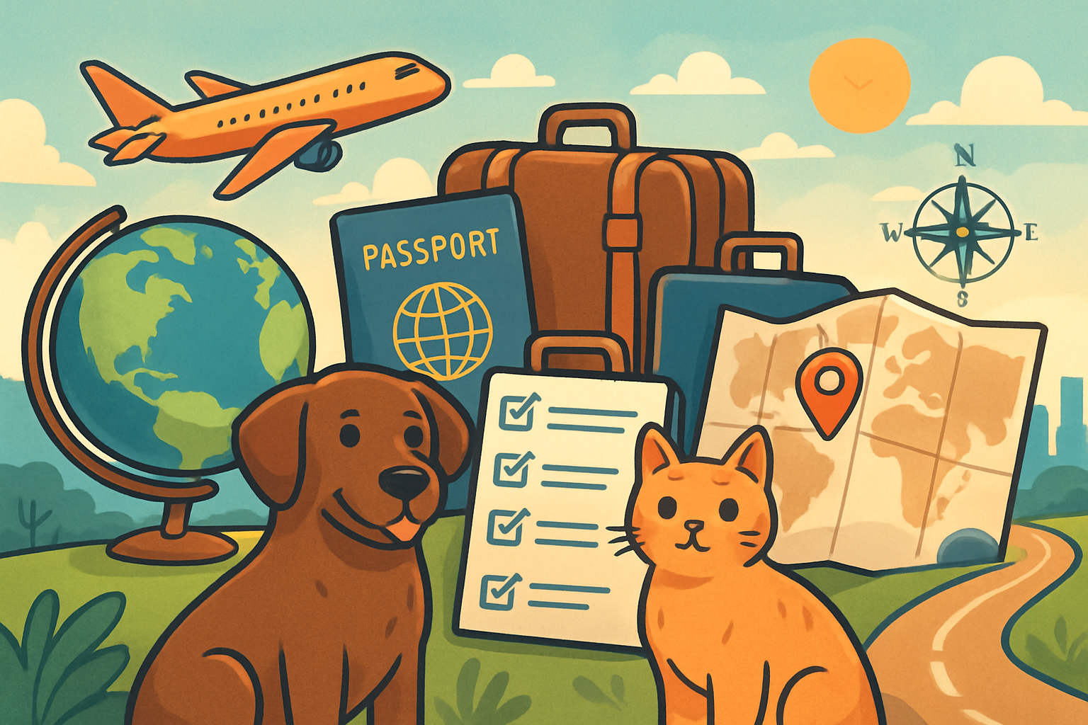 Glückliche Familie mit Hund und Katze am Flughafen bereit für die Auswanderung ins Ausland