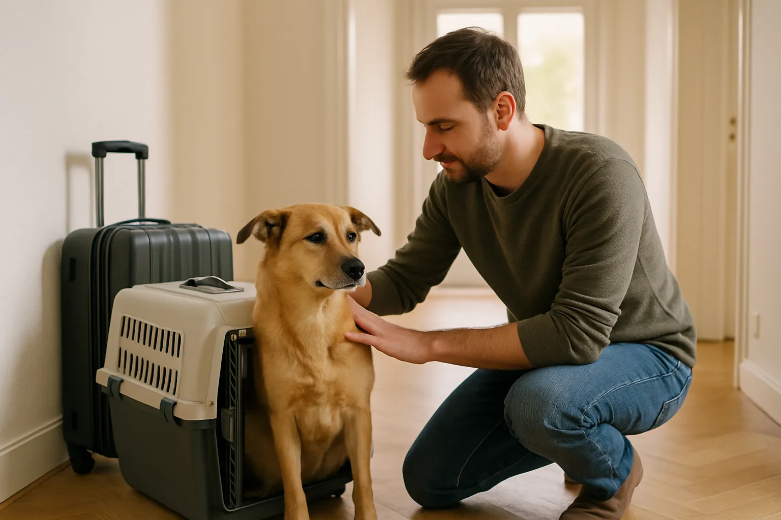 Mann streichelt einen Hund, der neben einer Transportbox und einem Koffer im Flur sitzt