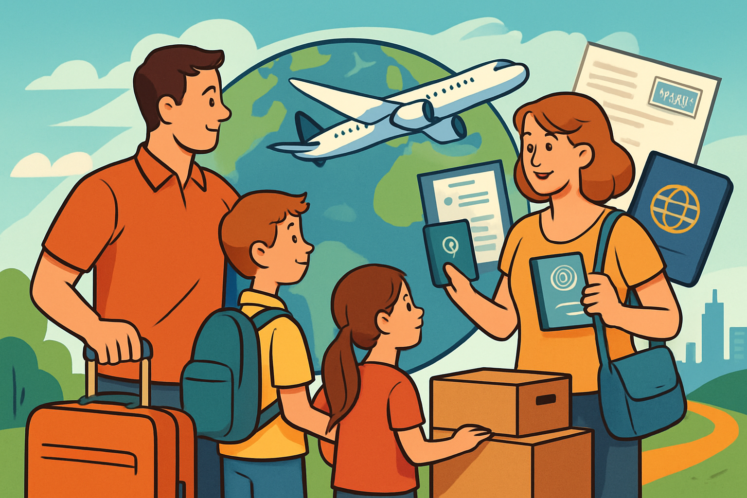 Familie mit Koffern am Flughafen symbolisiert Auswandern mit Kindern