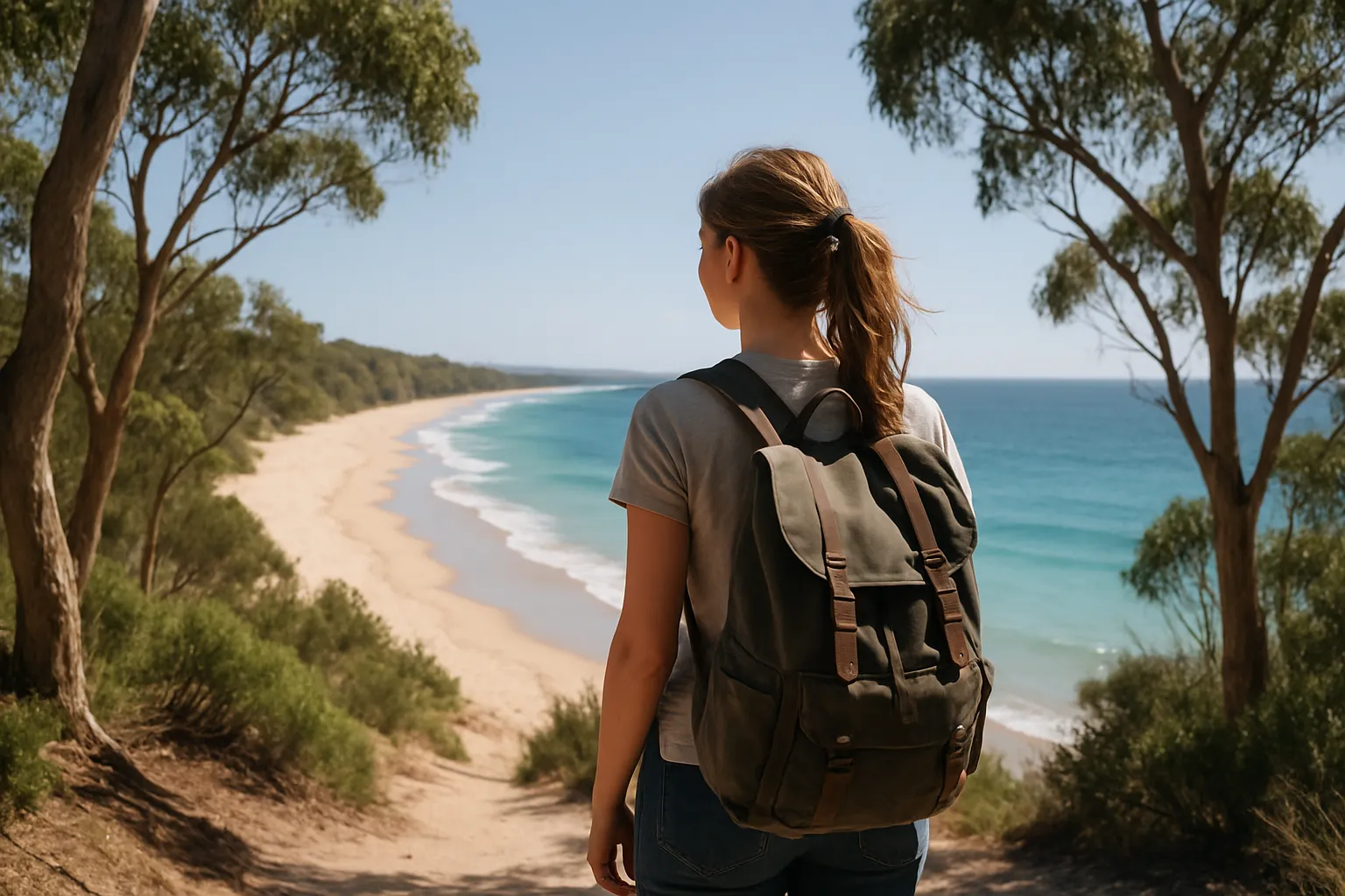 Junge Frau mit Rucksack blickt von einem Küstenweg mit Eukalyptusbäumen auf einen langen Sandstrand