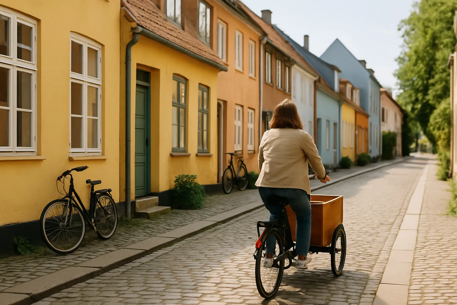 Frau fährt mit einem Lastenrad über eine Kopfsteinpflasterstraße mit bunten Reihenhäusern