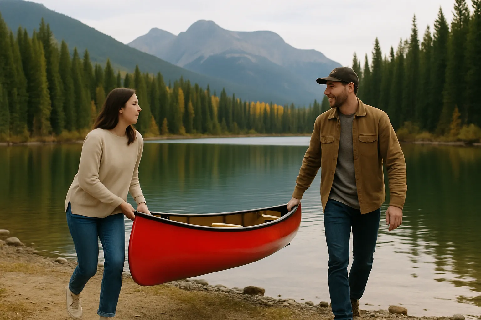 Paar trägt ein rotes Kanu ans Ufer eines Sees mit Nadelwald und Bergen in Kanada