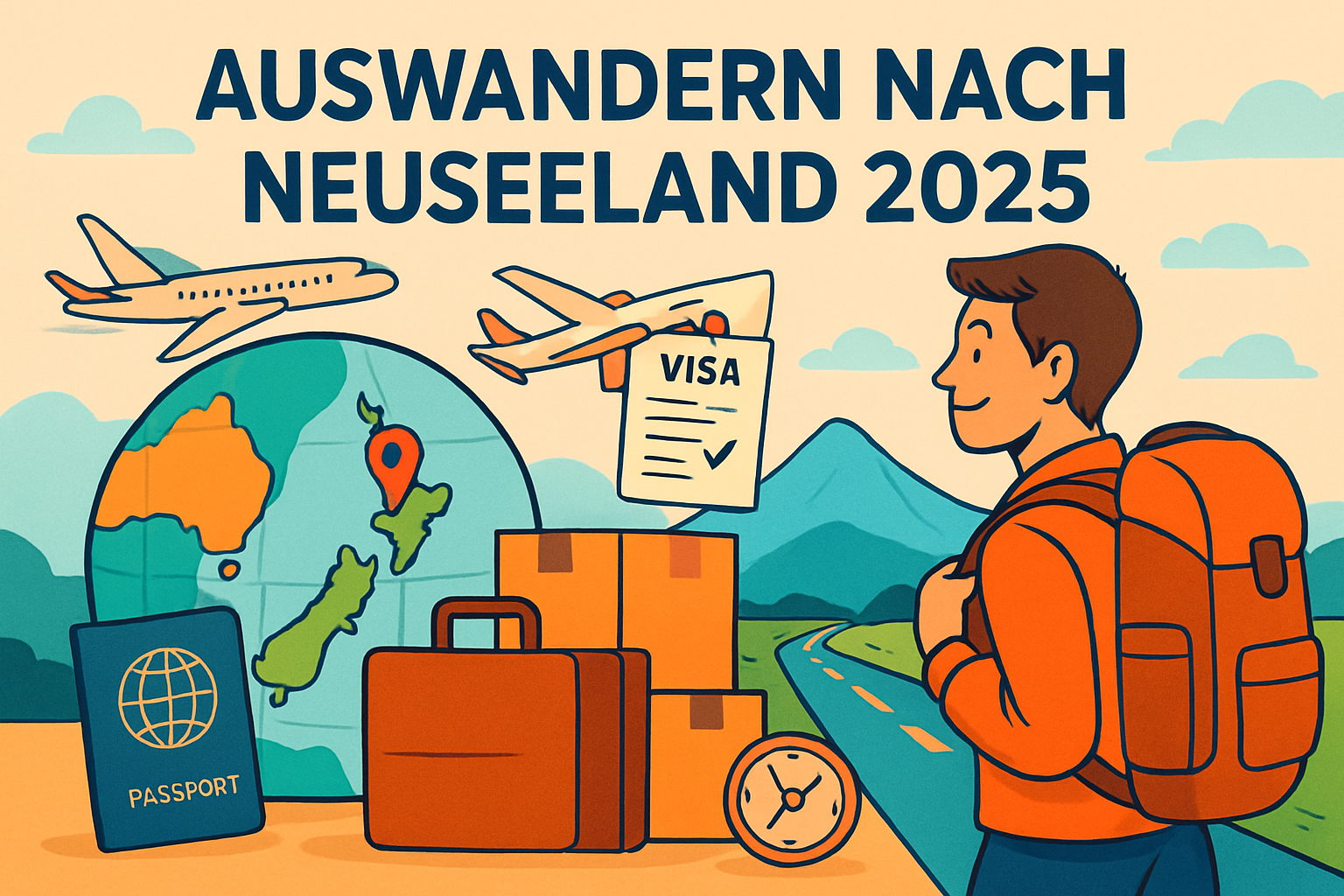 Spektakuläre neuseeländische Landschaft mit Bergen, türkisem See und grünen Wiesen unter blauem Himmel