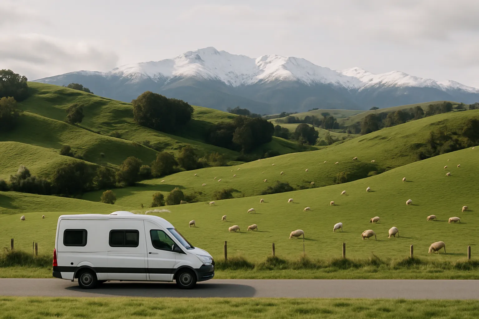 Weißer Campervan auf einer Landstraße zwischen grünen Hügeln mit Schafen und verschneiten Bergen in Neuseeland