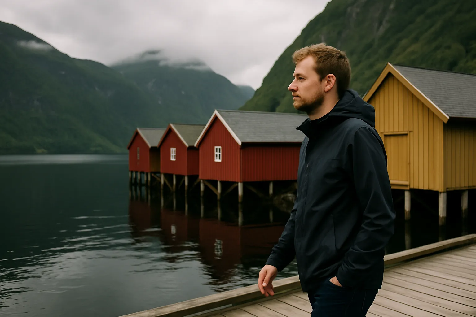 Mann in Regenjacke auf einem Holzsteg am Fjord, dahinter rote und gelbe Bootshäuser auf Pfählen und grüne Berge