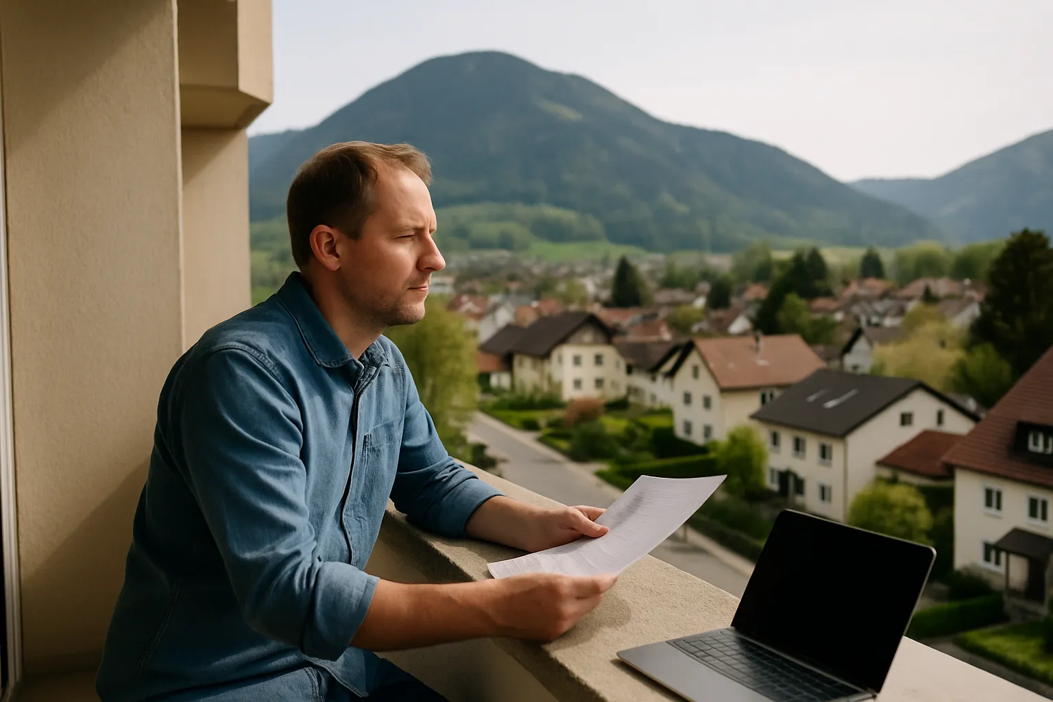 Mann mit einem Blatt Papier auf einem Balkon, dahinter Einfamilienhäuser und bewaldete Berge