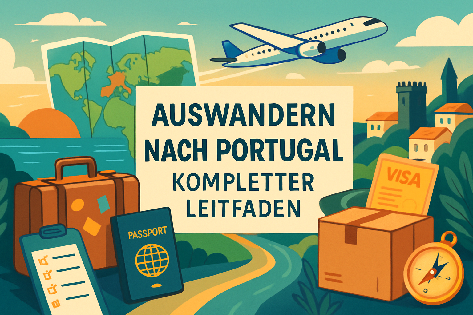 Blick auf die Küste von Portugal mit bunten Häusern und dem Atlantik