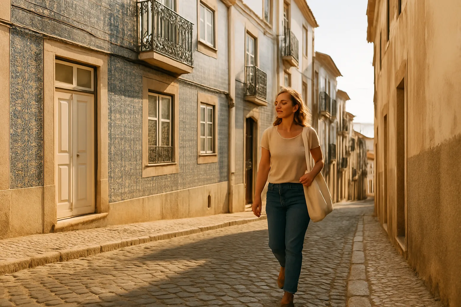 Frau geht eine Gasse mit gekachelten Fassaden und schmiedeeisernen Balkonen in einer portugiesischen Altstadt hinauf