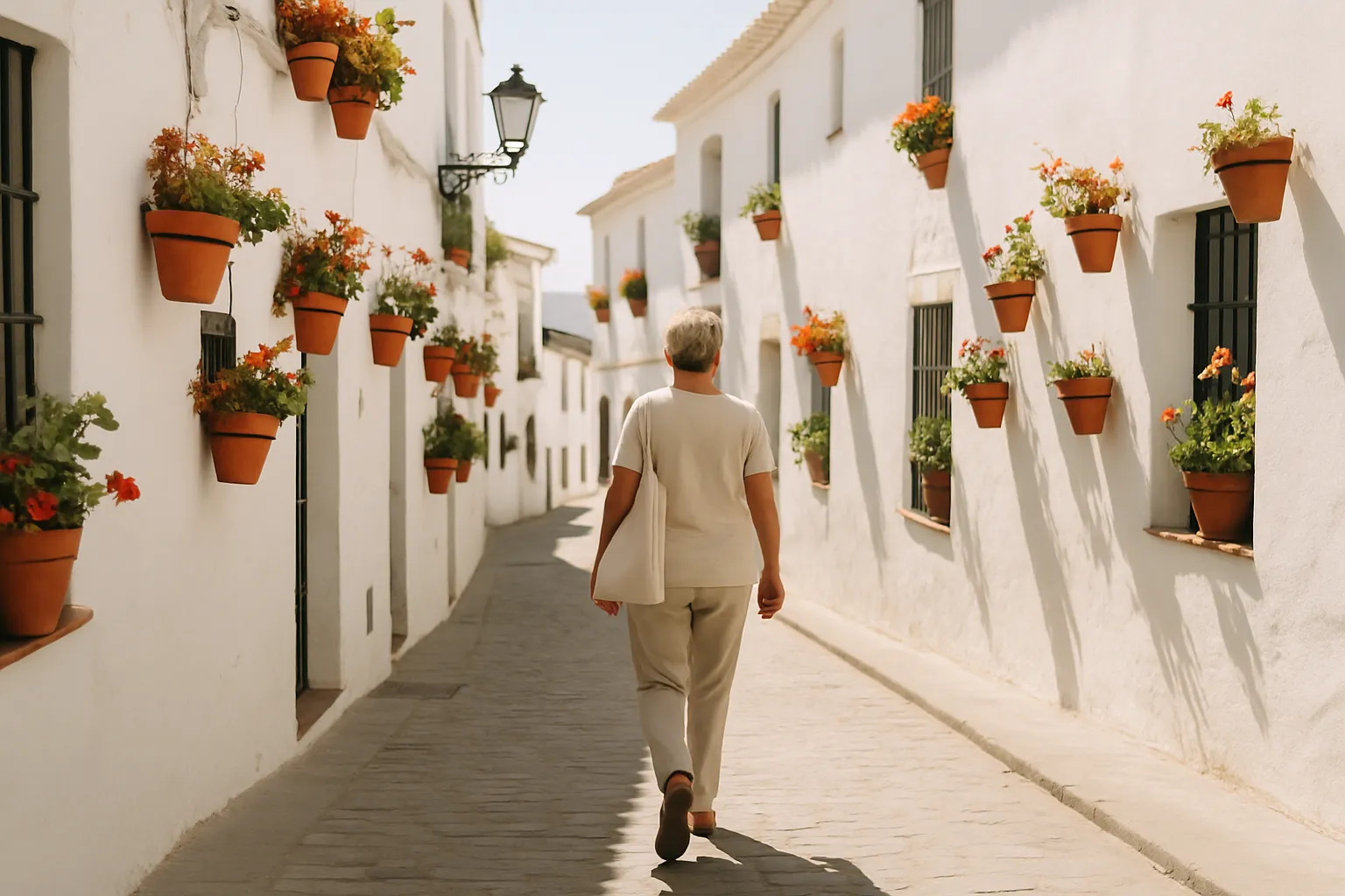 Frau um die sechzig mit Stofftasche geht durch eine weiße Gasse mit Blumentöpfen in Andalusien