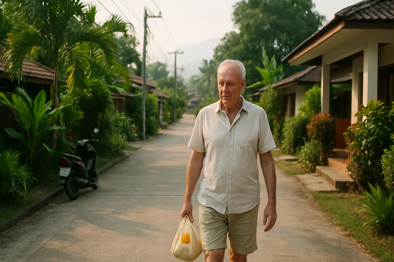Älterer Mann mit einer Tüte Obst geht durch eine ruhige Wohnstraße mit Tropenpflanzen in Nordthailand