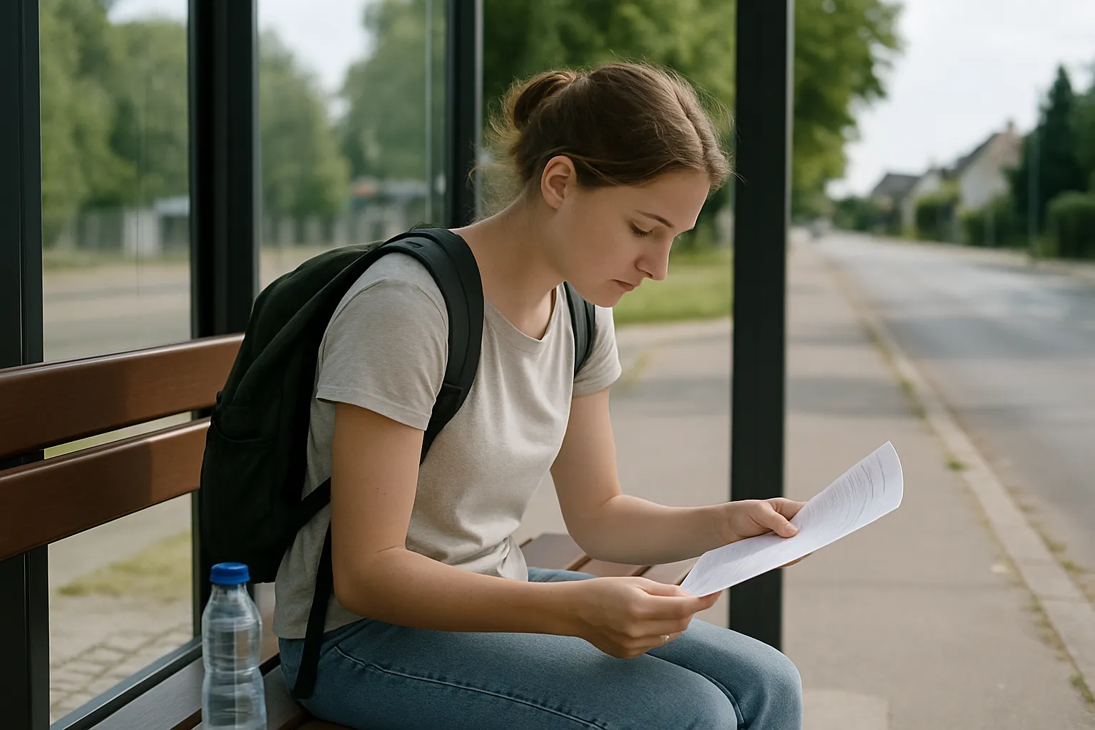 Junge Frau mit Rucksack sitzt an einer Bushaltestelle und liest einen Fahrplan