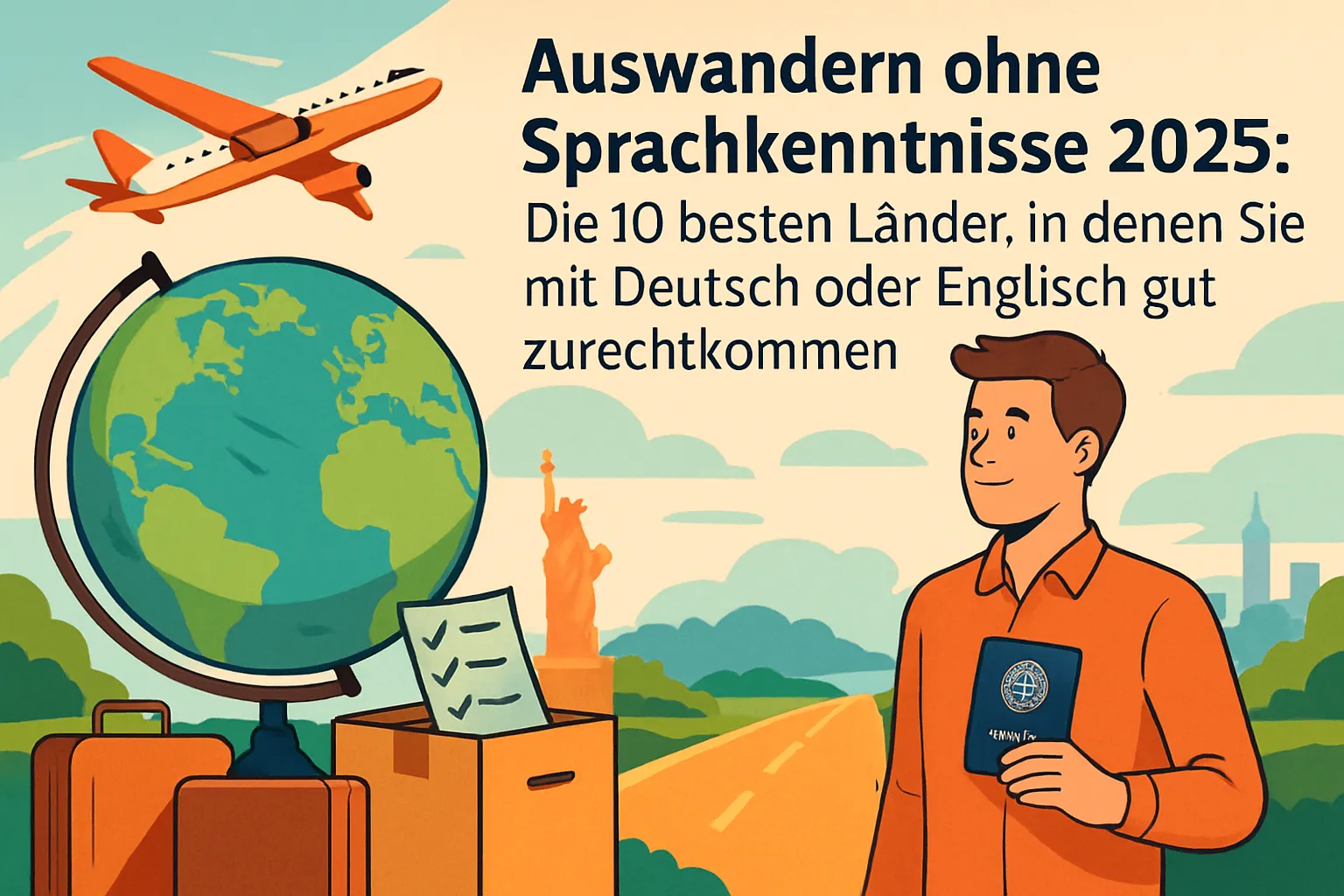 Weltkarte mit verschiedenen Sprachsymbolen zeigt internationale Auswanderungsziele