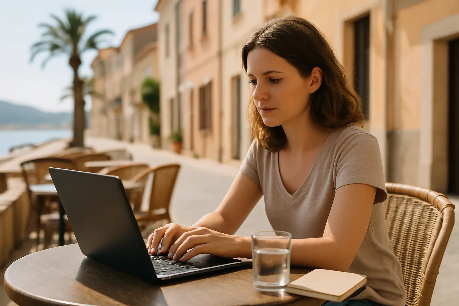 Frau arbeitet am Laptop an einem Tisch auf der Terrasse eines Cafés in einer Küstenstadt