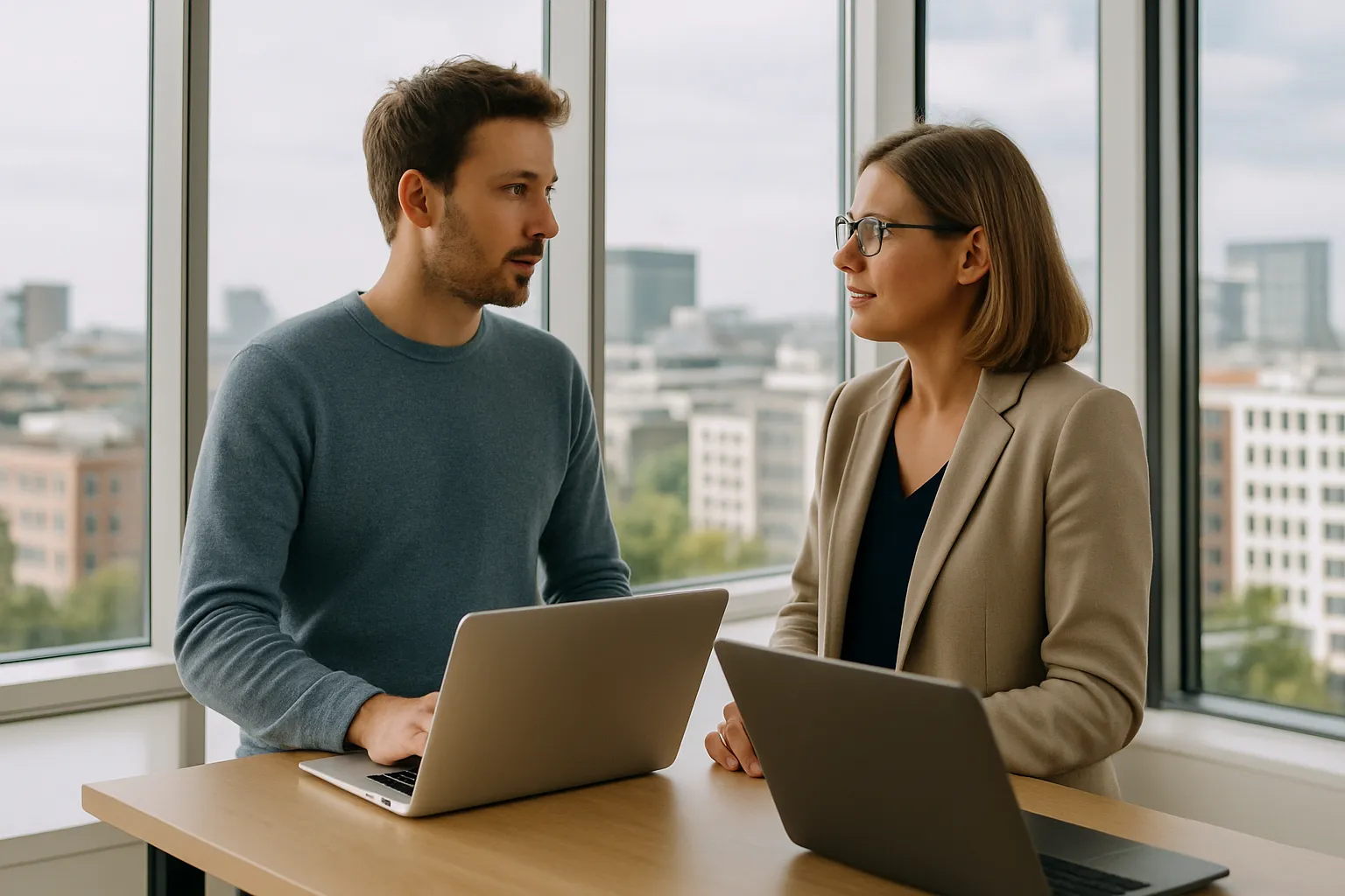 Zwei Kollegen besprechen sich an einem Tisch mit Laptops in einem hellen Büro mit Blick auf die Stadt