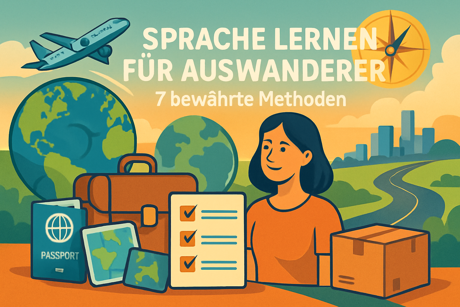 Person lernt mit Laptop und Sprachbuch eine neue Sprache für die Auswanderung