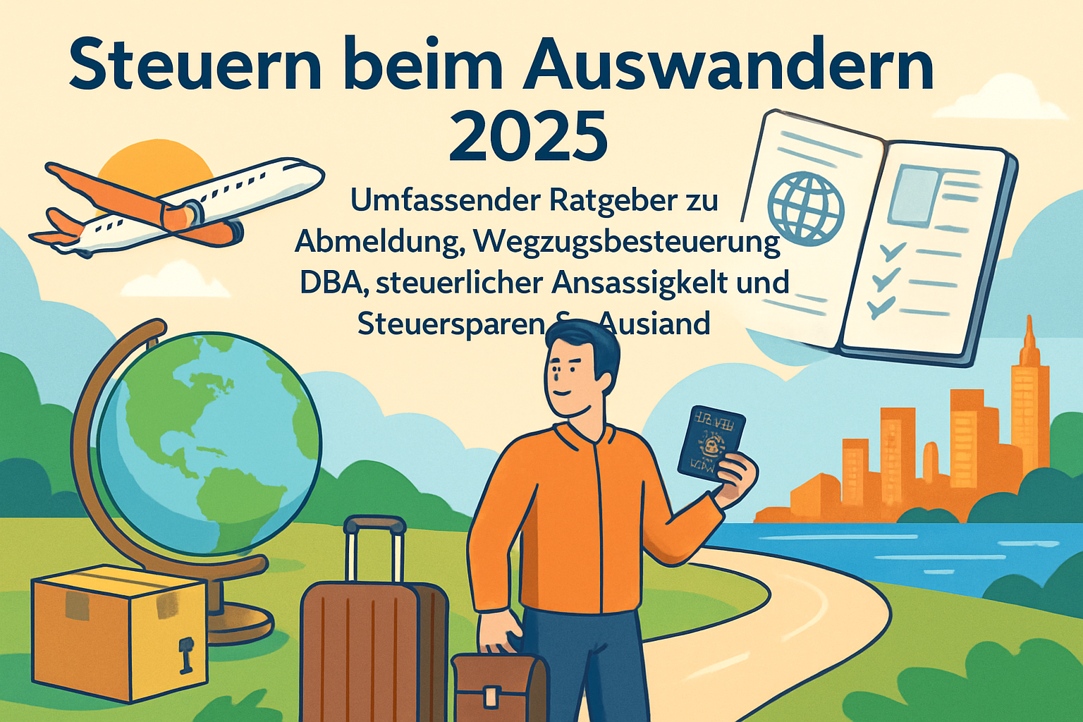 Taschenrechner mit Steuerformularen und Reisepass symbolisiert Steuerfragen beim Auswandern