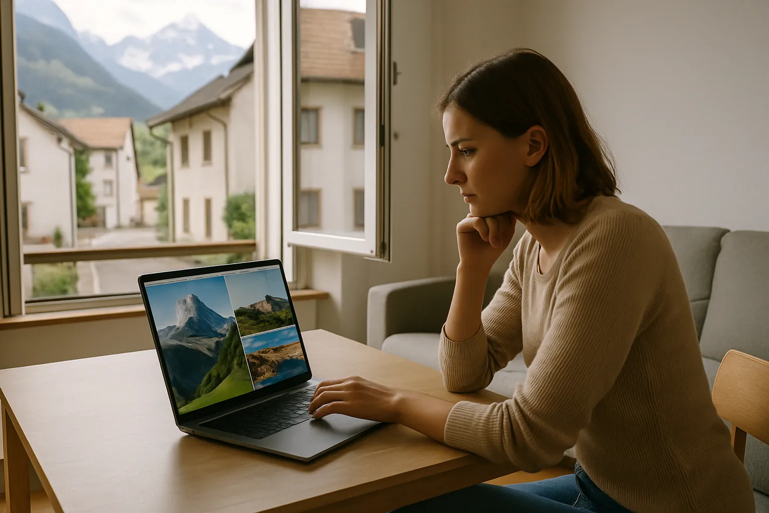Frau sitzt am Laptop mit Landschaftsfotos auf dem Bildschirm, durch das offene Fenster sieht man Häuser und Berge